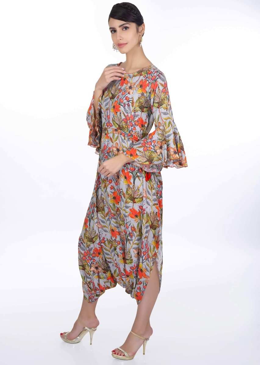 Grey floral printed cotton jump suit only on Kalki