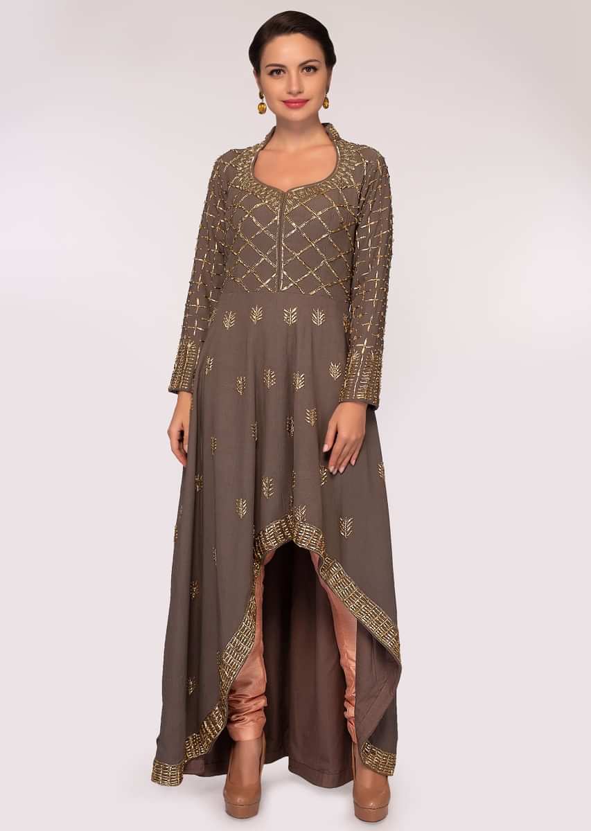 Grey front short back long suit in embroidery and butti with peach pant and  dupatta