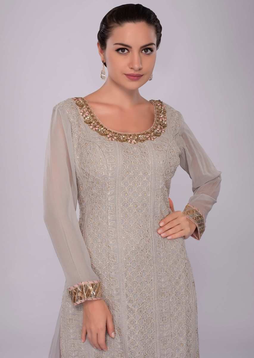 Grey georgette lucknowi palazzo suit set with net dupatta
