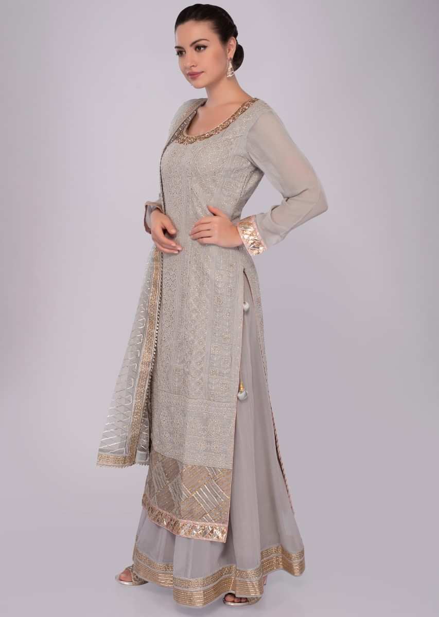 Grey georgette lucknowi palazzo suit set with net dupatta
