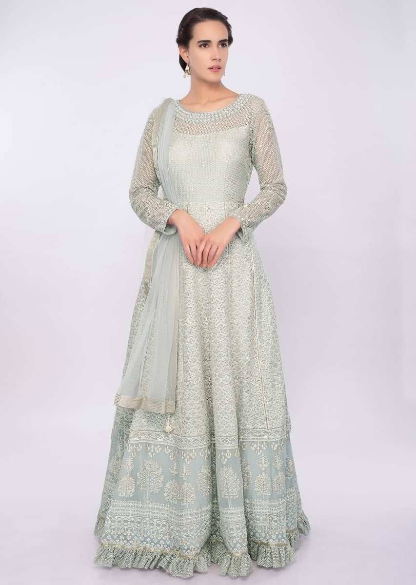 Grey Anarkali Dress In Georgette With Thread And Zari Embroidery Online - Kalki Fashion