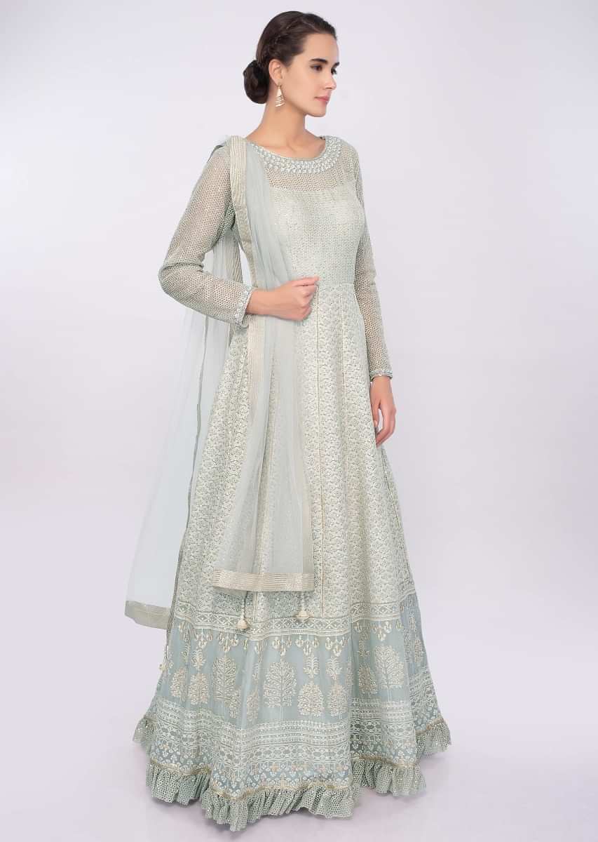 Grey Anarkali Dress In Georgette With Thread And Zari Embroidery Online - Kalki Fashion