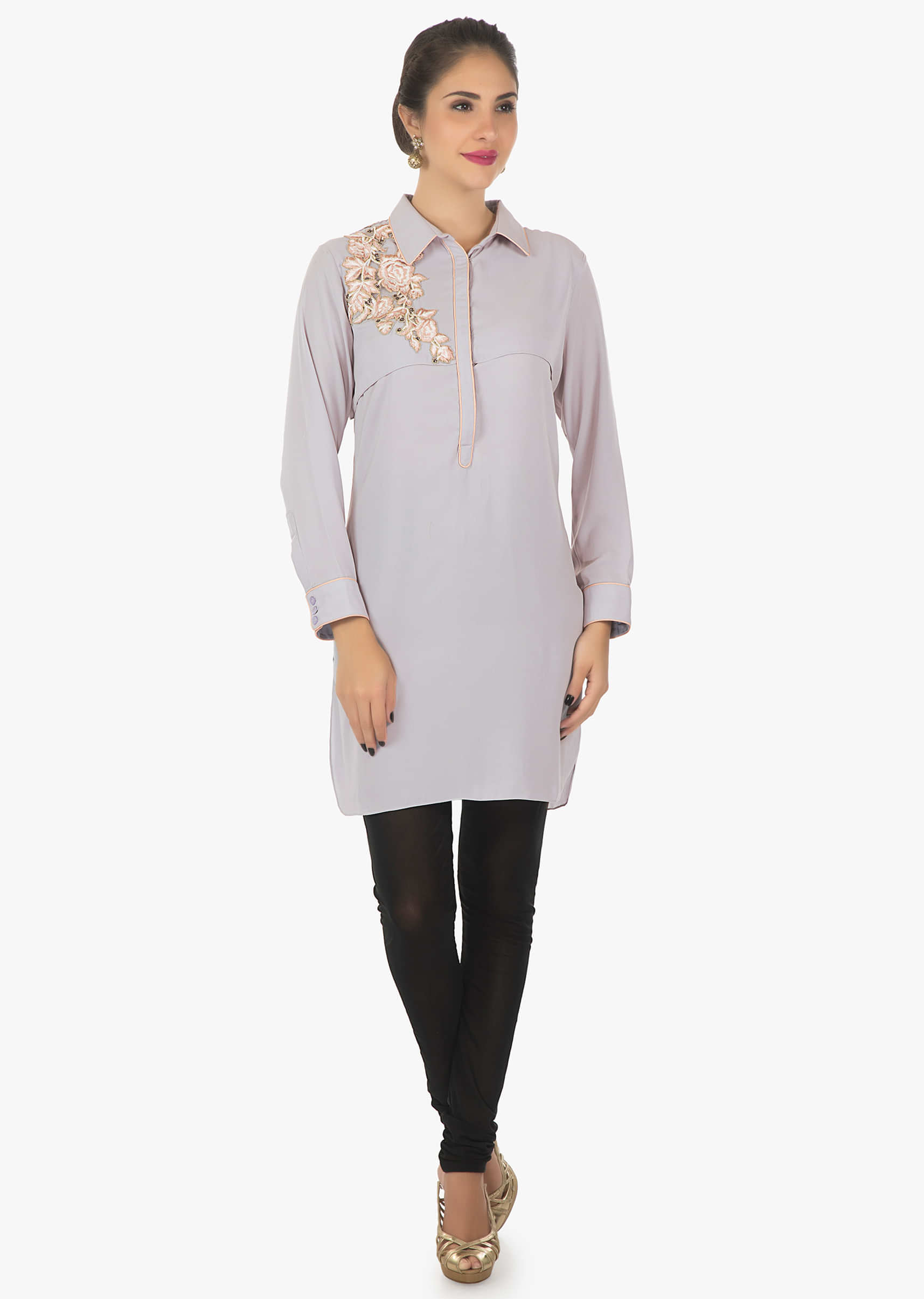 Grey Kurti In Georgette Embellished With Resham Patch Work Online - Kalki Fashion