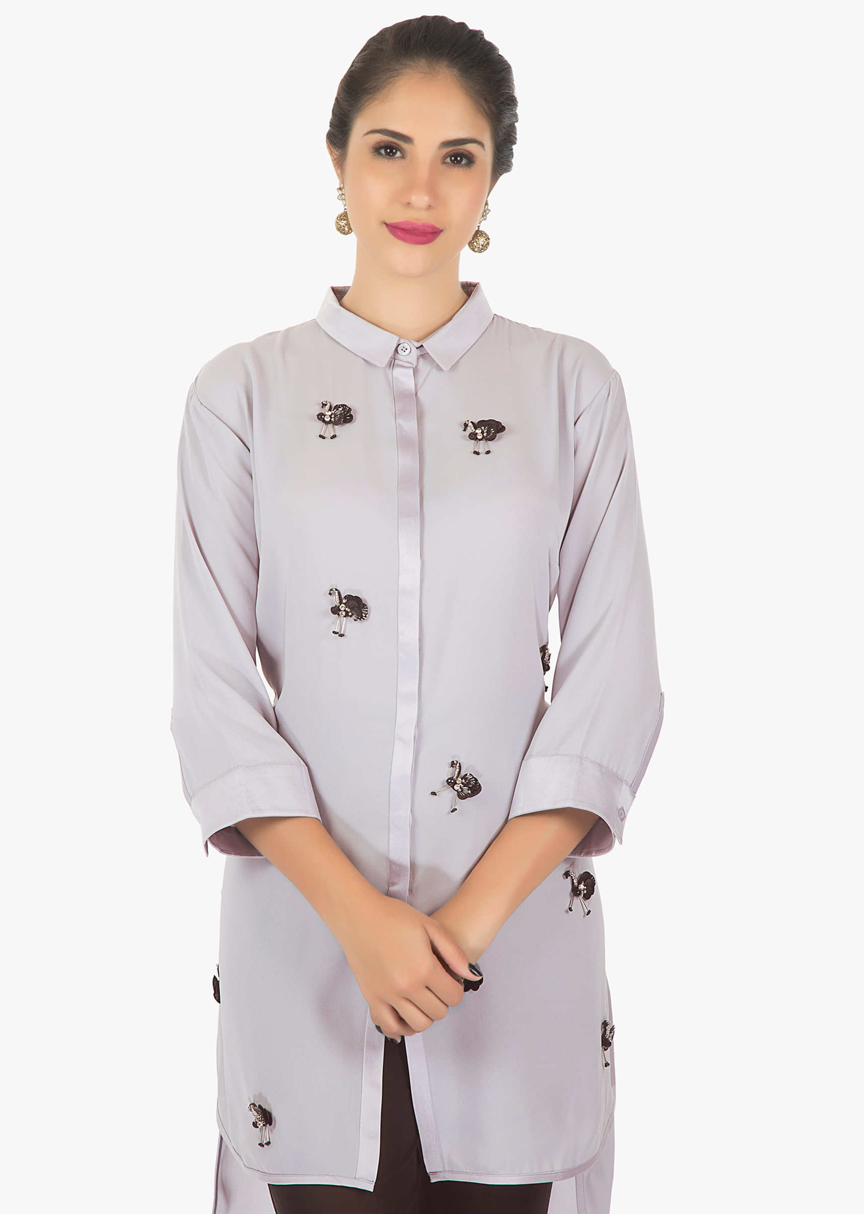 Grey Kurti In Georgette With Front Short And Back Long Enhanced With Tassel Motifs Online - Kalki Fashion