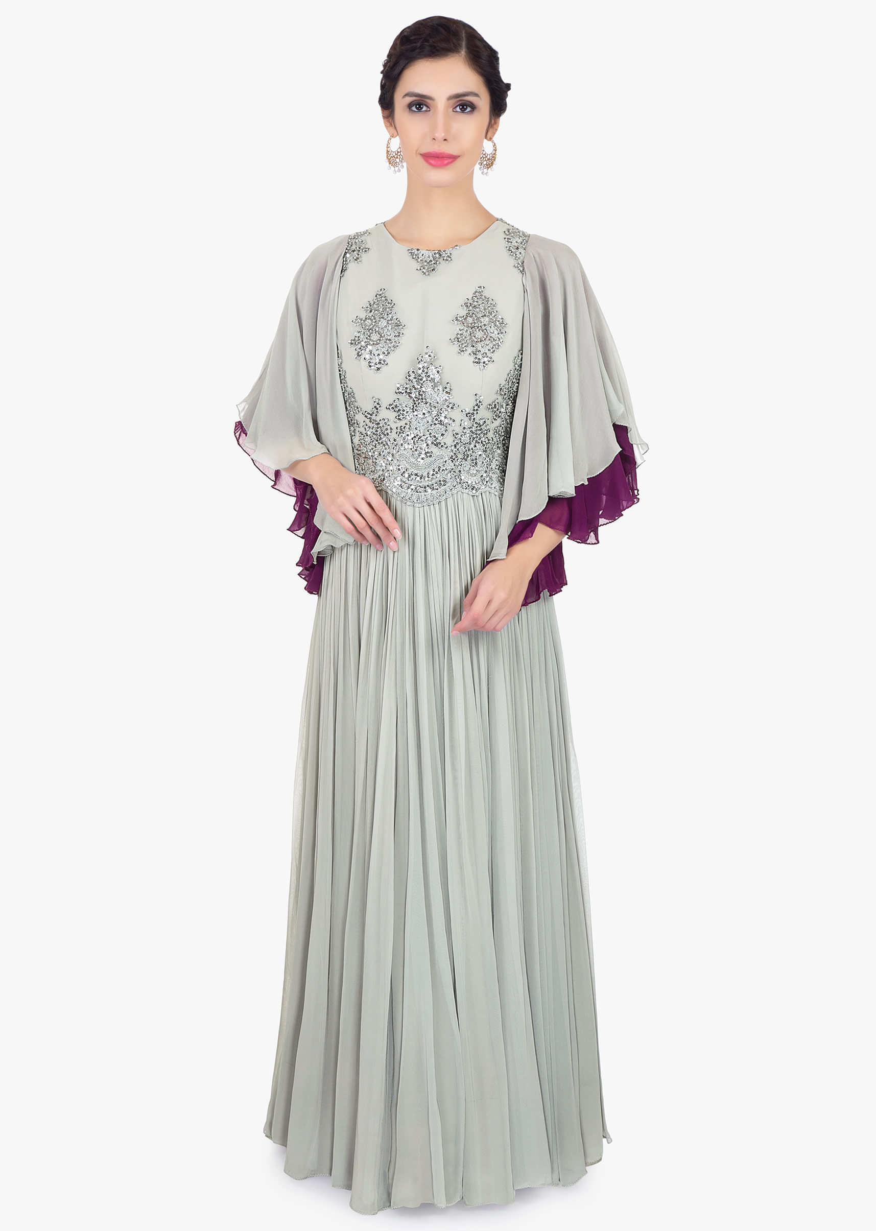 Grey georgette suit with embroidered net bodice and flared sleeves