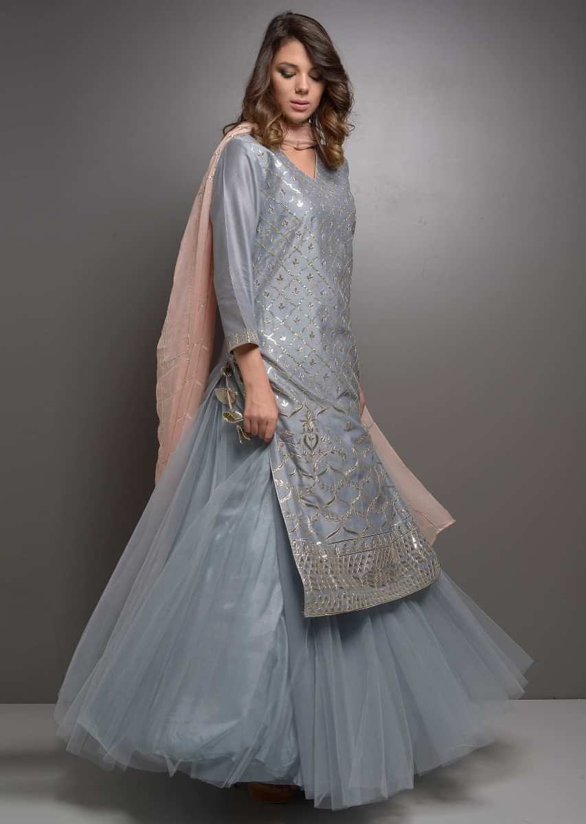 Grey gotta jaal suit with net skirt and pink chiffon dupatta 