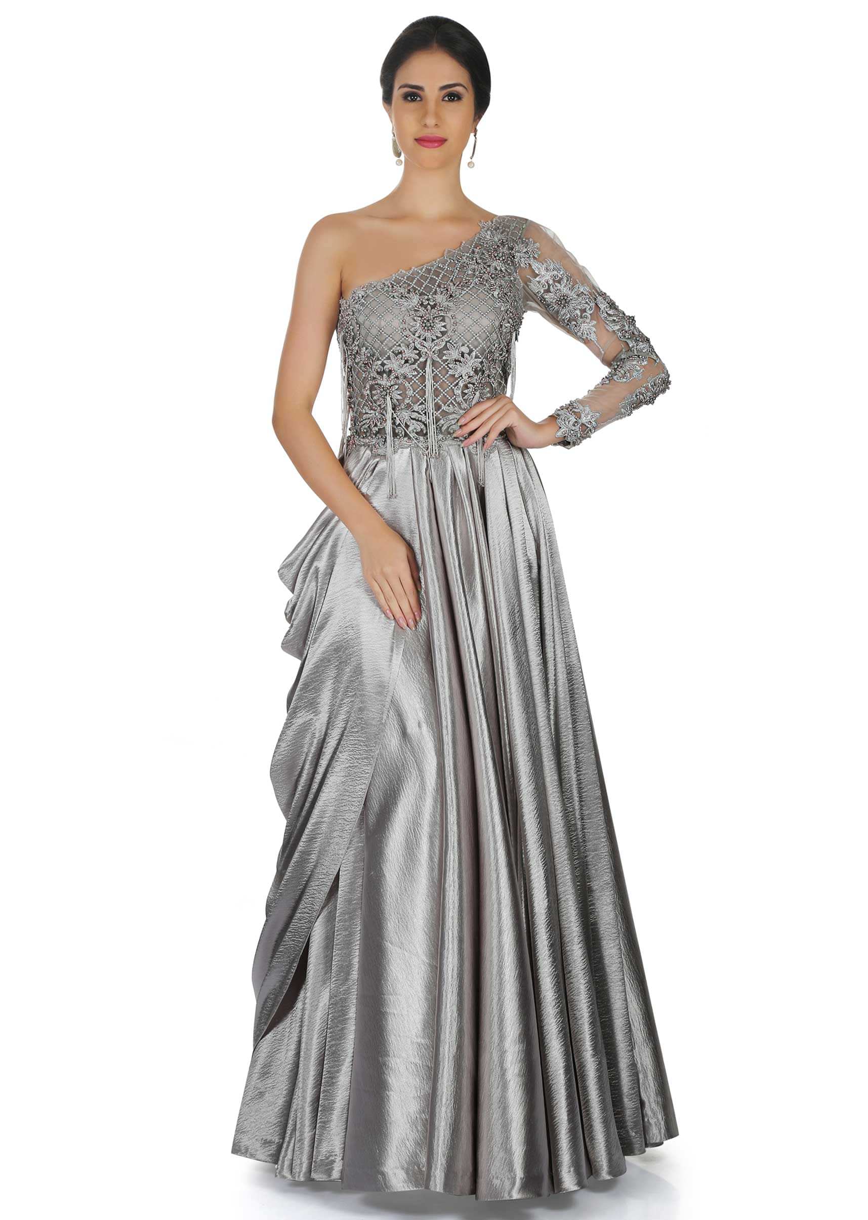 Grey gown adorn in tasseled bodice and cowl drape only on Kalki