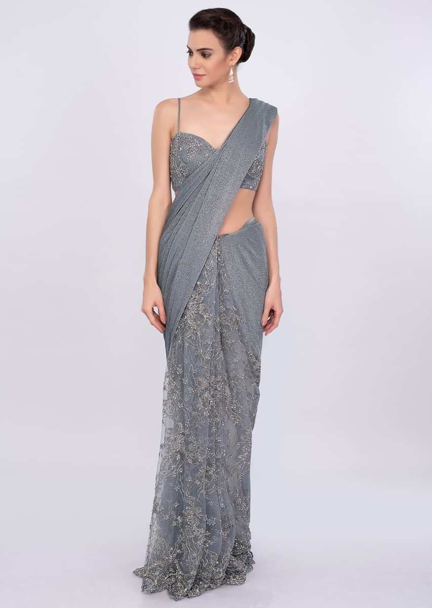 Grey Half And Half Saree In Shimmer Lycra And Embroidered Net Online - Kalki Fashion