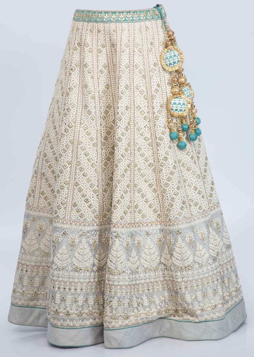 Grey jute cotton lehenga with blue silk gotta patch embroidered blouse only on Kalki