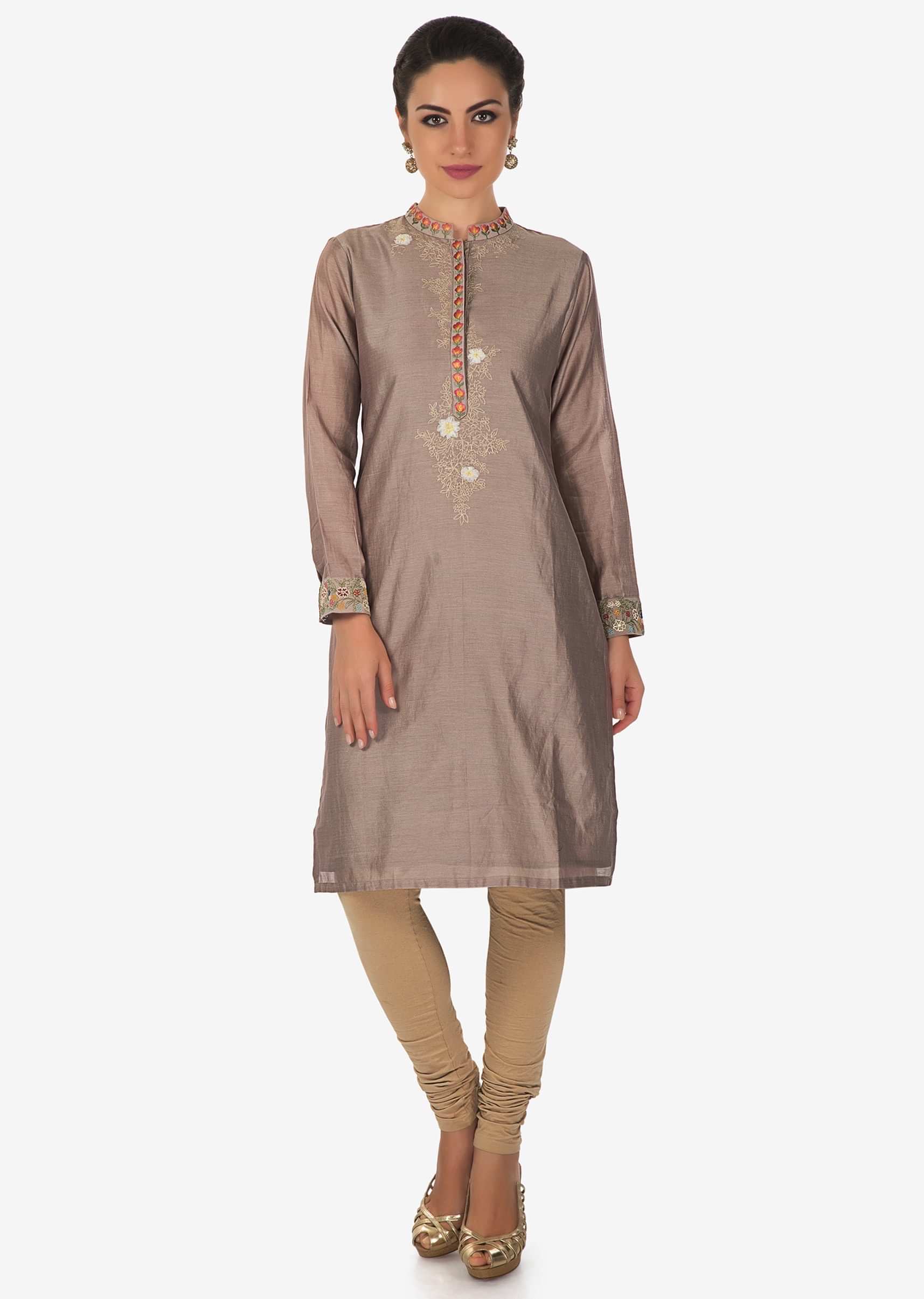 Grey Kurti In Cotton With Resham Embroidered Placket Online - Kalki Fashion