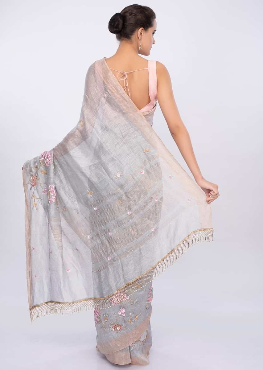 Grey linen saree with embroidered butti and border only on Kalki