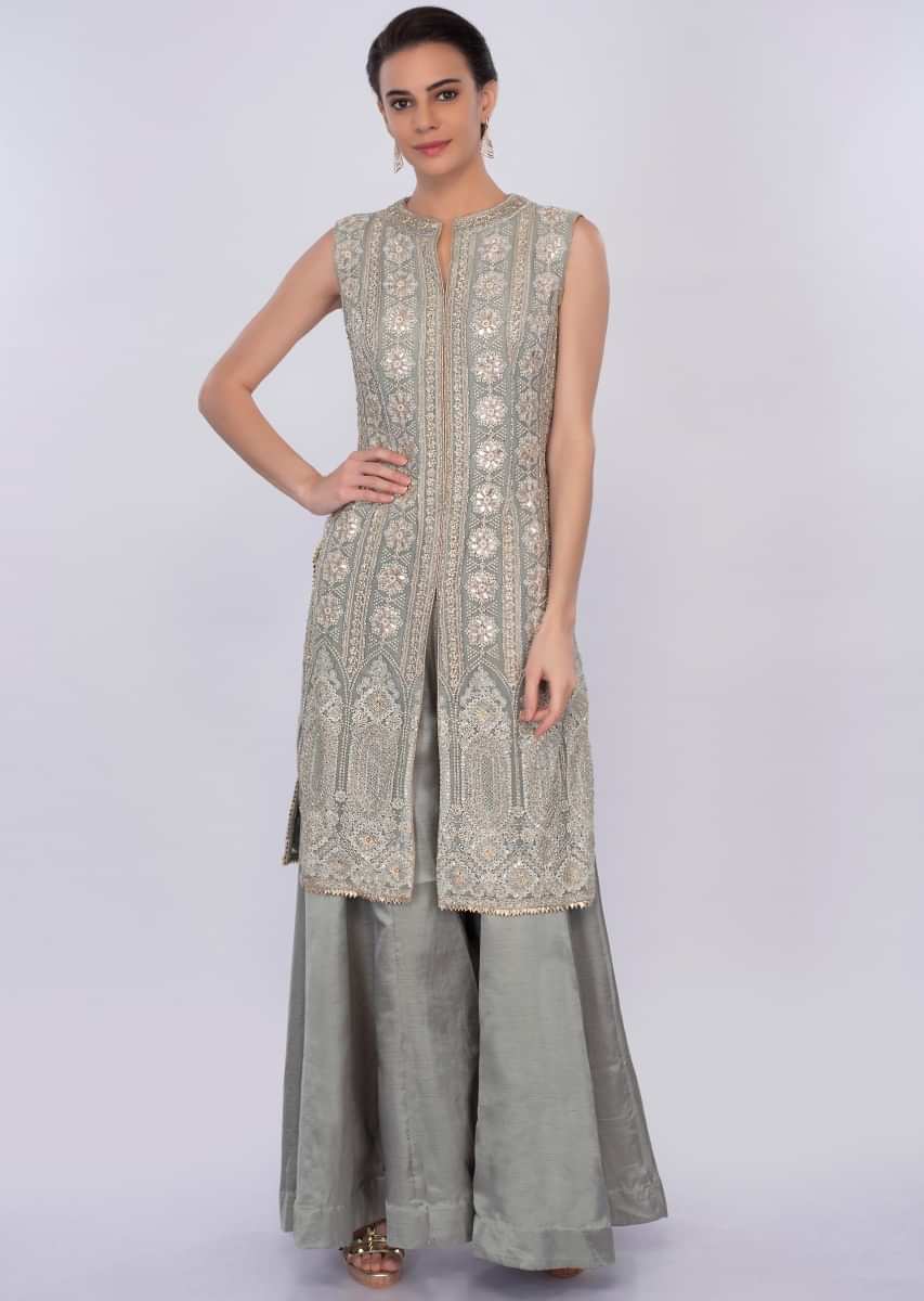 Grey Palazzo Suit Set With Lucknowi Embroidery Online - Kalki Fashion