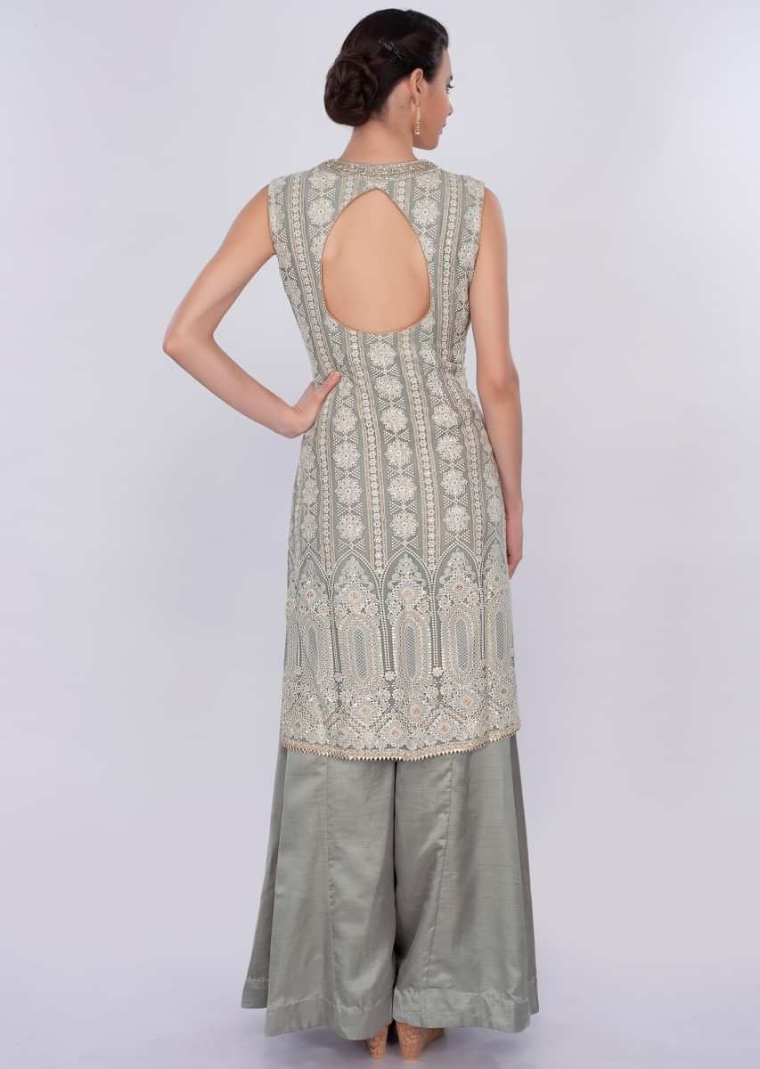 Grey Palazzo Suit Set With Lucknowi Embroidery Online - Kalki Fashion