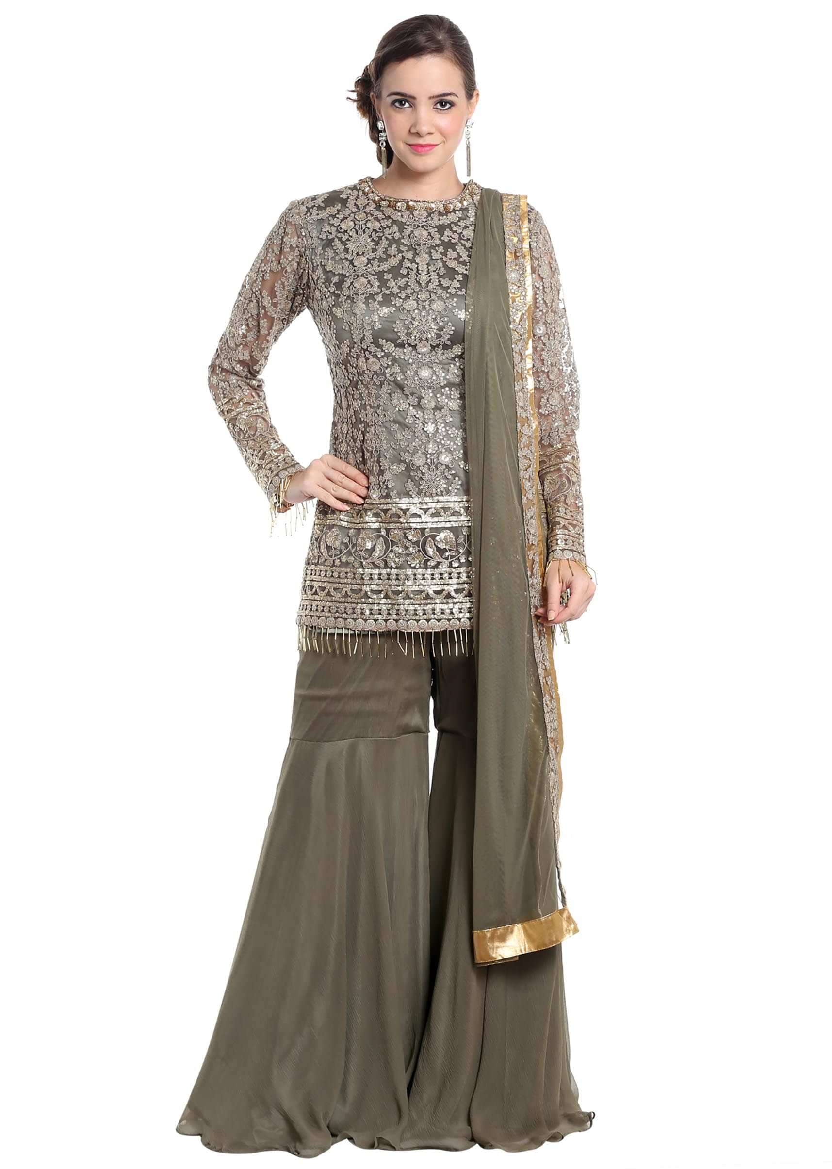 Grey net gharara suit with zari and sequinsonly on Kalki