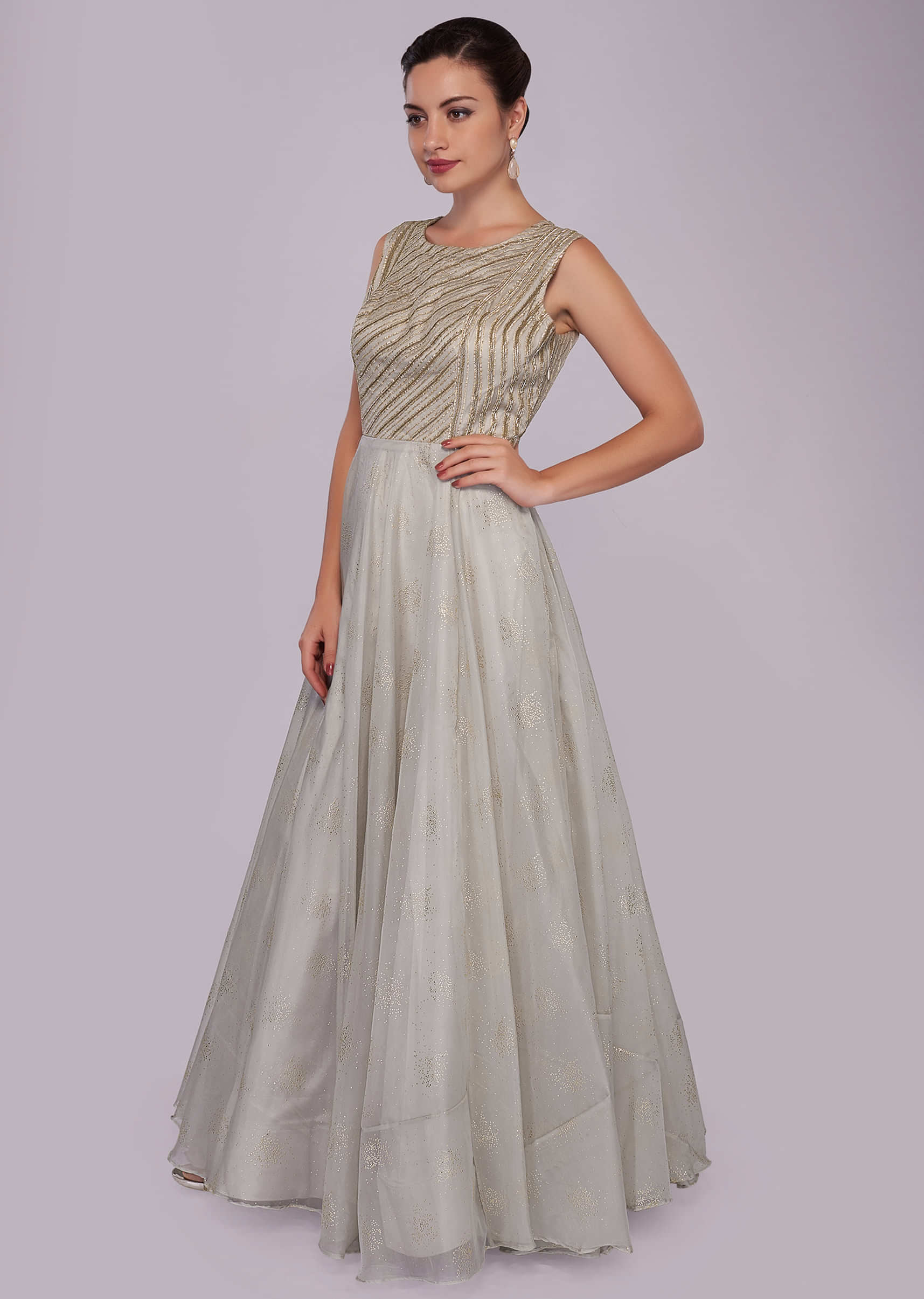 Grey organza anarkali gown with embroidered bodice