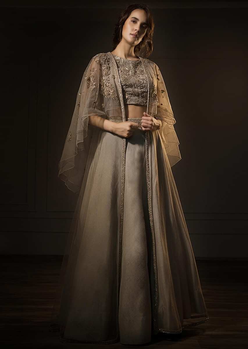 Grey Organza Lehenga And Embroidered Crop Top With Fancy Cape Jacket Online - Kalki Fashion