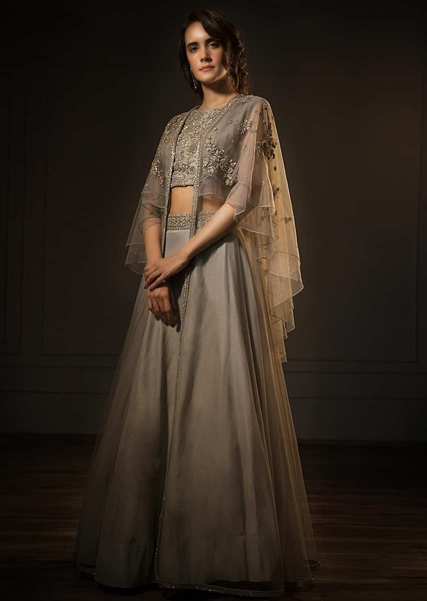 Grey Organza Lehenga And Embroidered Crop Top With Fancy Cape Jacket Online - Kalki Fashion