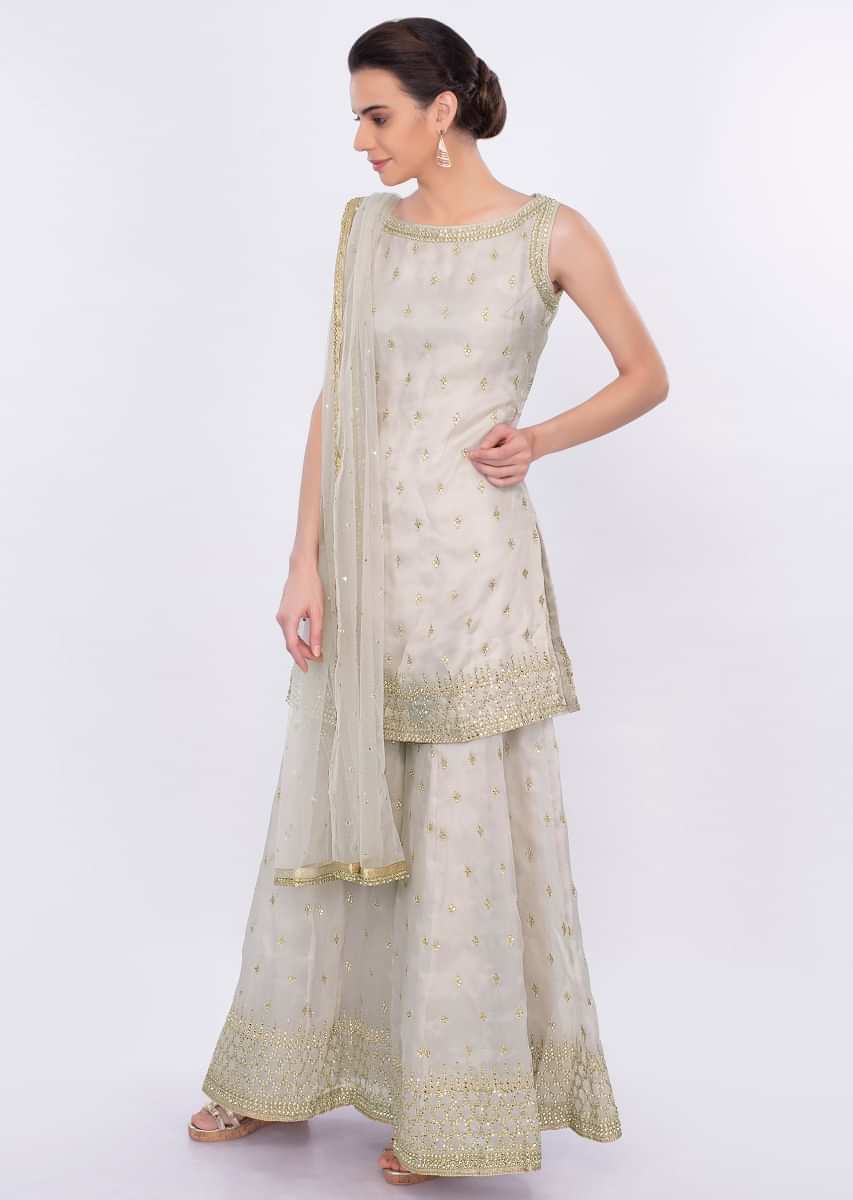 Grey Palazzo Suit Set In Organza With Kundan Embroidered Butti Online - Kalki Fashion