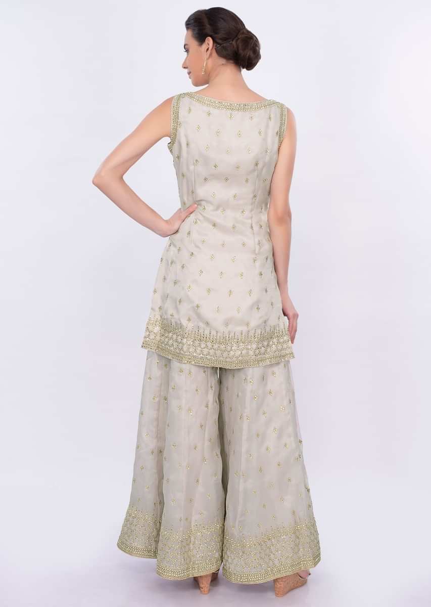 Grey Palazzo Suit Set In Organza With Kundan Embroidered Butti Online - Kalki Fashion