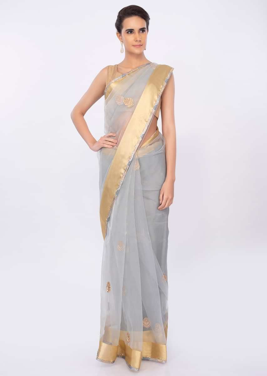 Grey organza saree with butti and border only on kalki