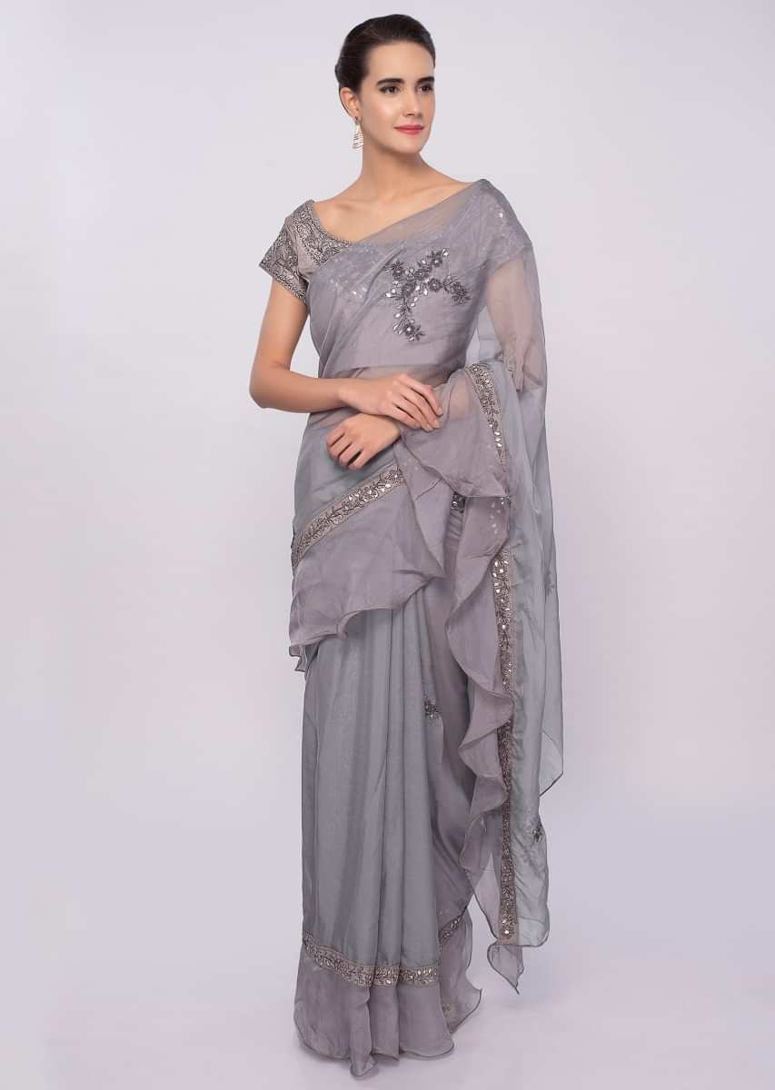 Grey Organza Saree With Ruffled Hem And Pallo Online - Kalki Fashion