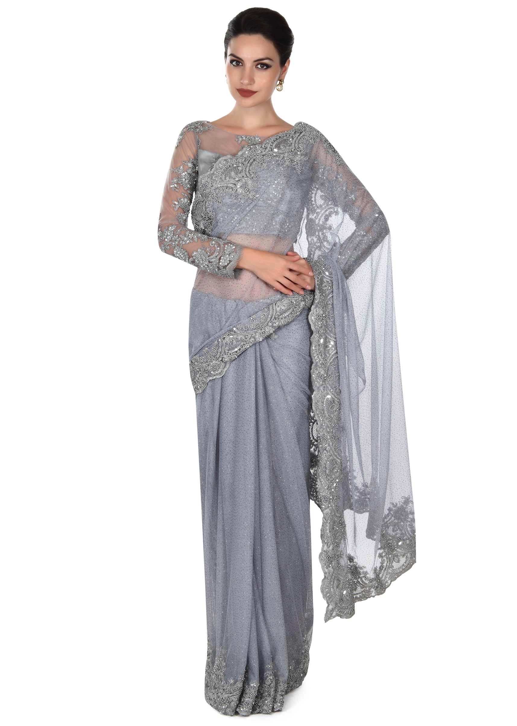 Grey saree matched with embellished blouse only on Kalki