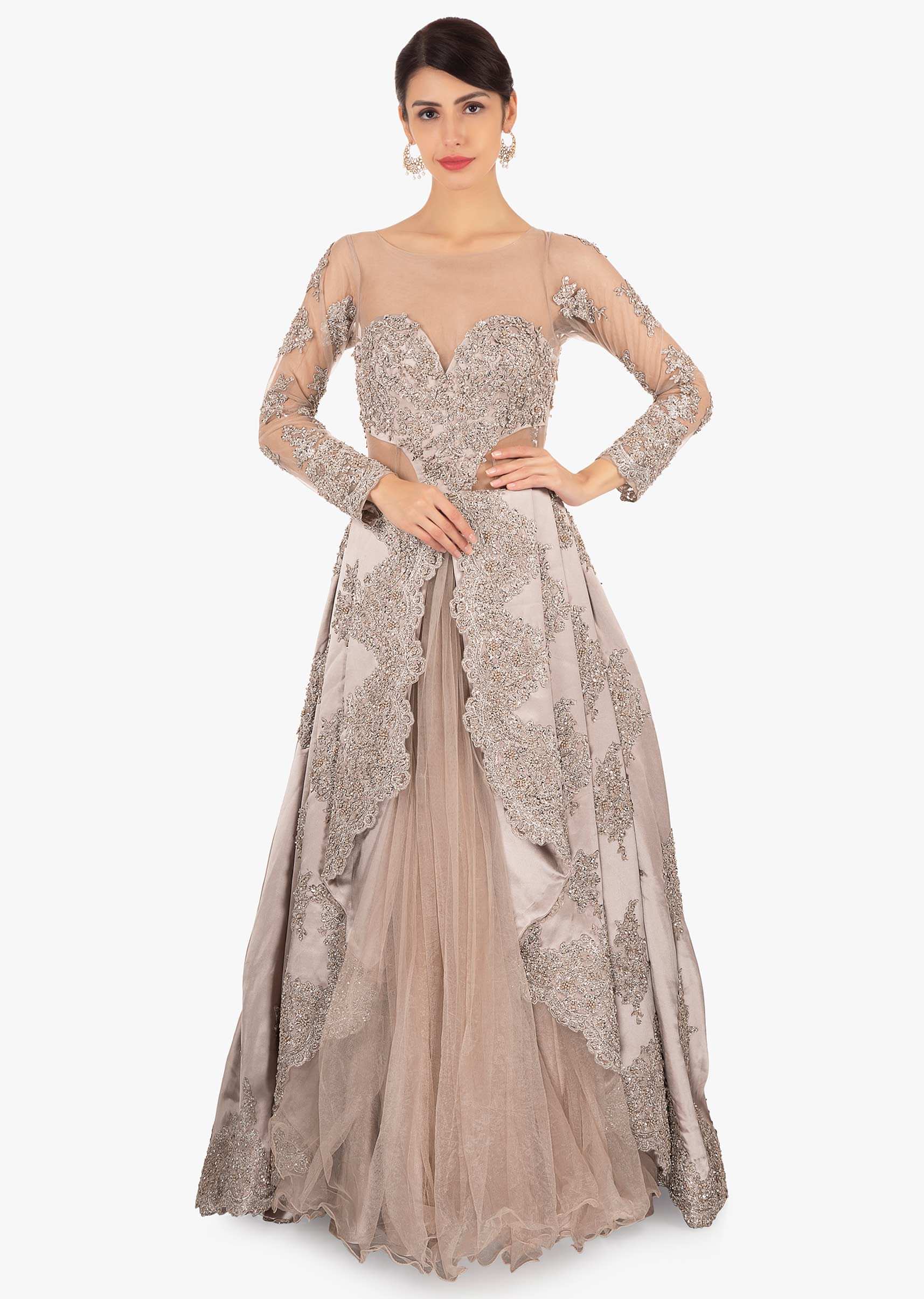 Grey satin gown with chord work and net under layer