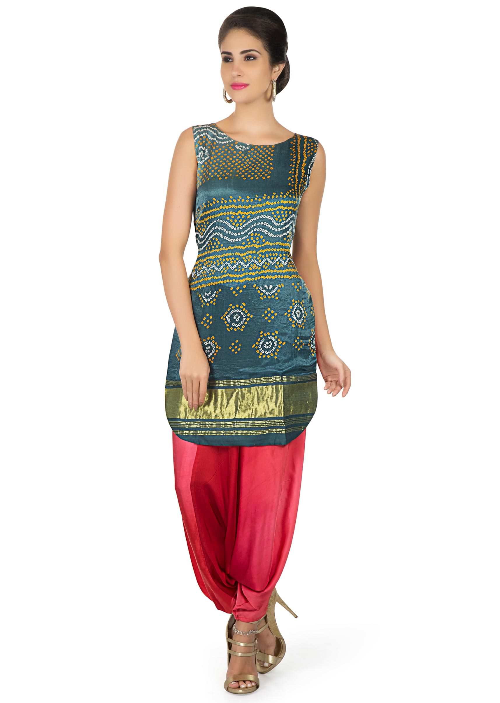 Grey satin top in bandhani print matched with Aladdin pants only on Kalki