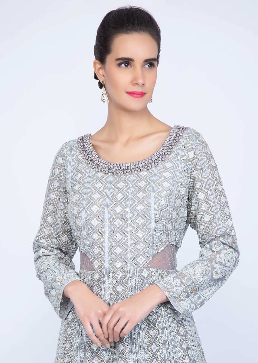 Grey shaded lucknowi anarkali with matching net dupatta only on kalki