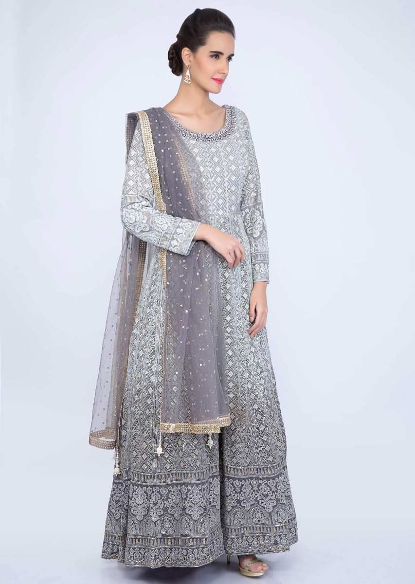 Grey shaded lucknowi anarkali with matching net dupatta only on kalki