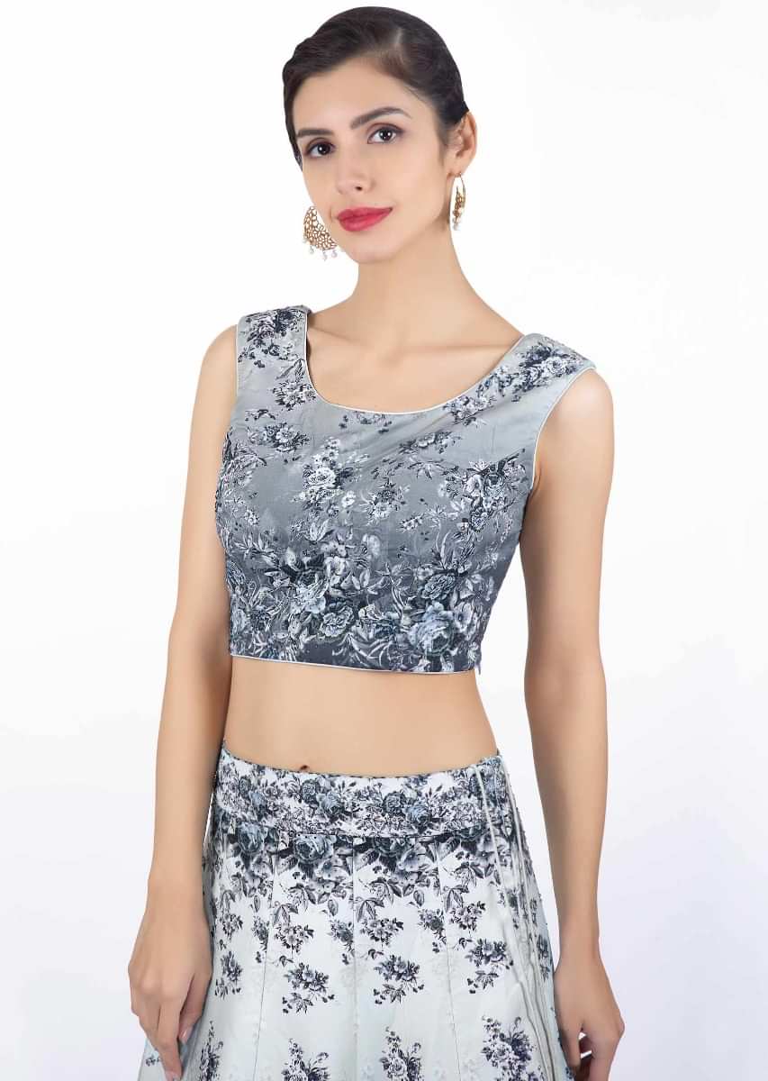 Buy Grey Lehenga And Blouse In Shaded Satin Crepe With Digital Floral ...