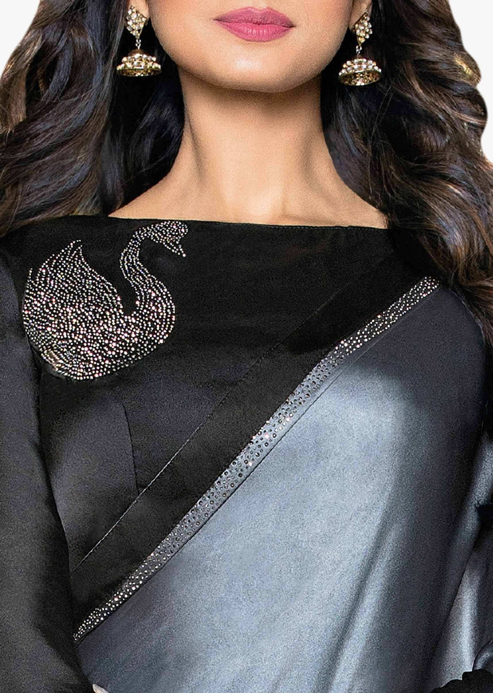 Grey shaded satin saree with kundan work in swan motif only on Kalki 