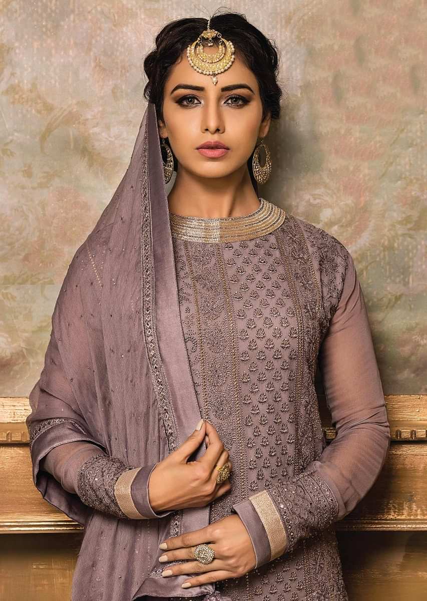 Grey straight sharara suit in georgette with embossed thread and kundan work
