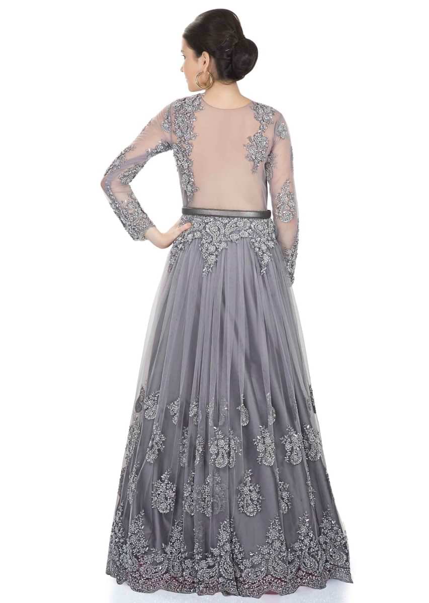 Grey Taffeta and Net Gown Adorned with Cut Dana and Embroidered Net only on Kalki