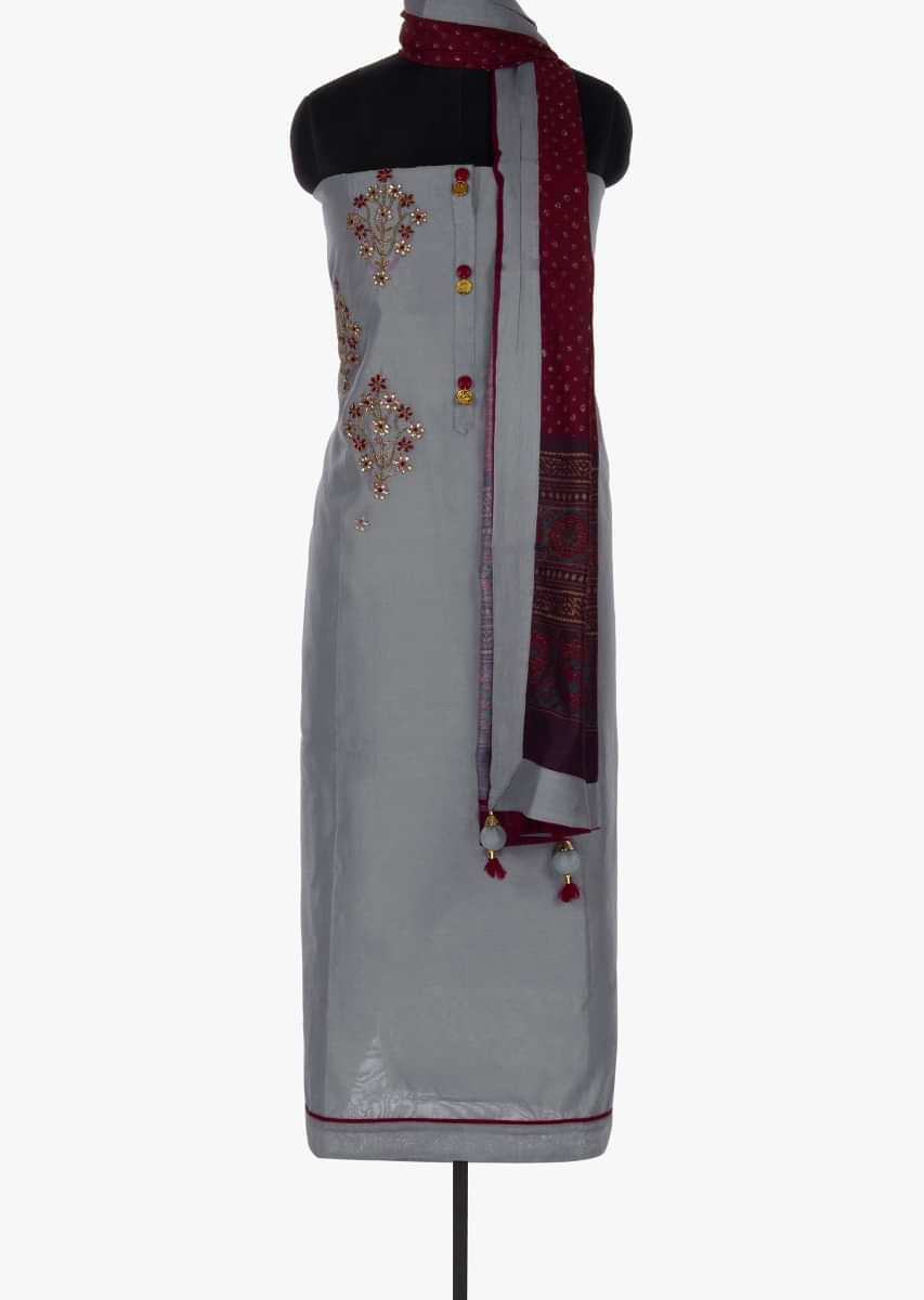 Grey unstitched embroidered butti suit in cotton silk