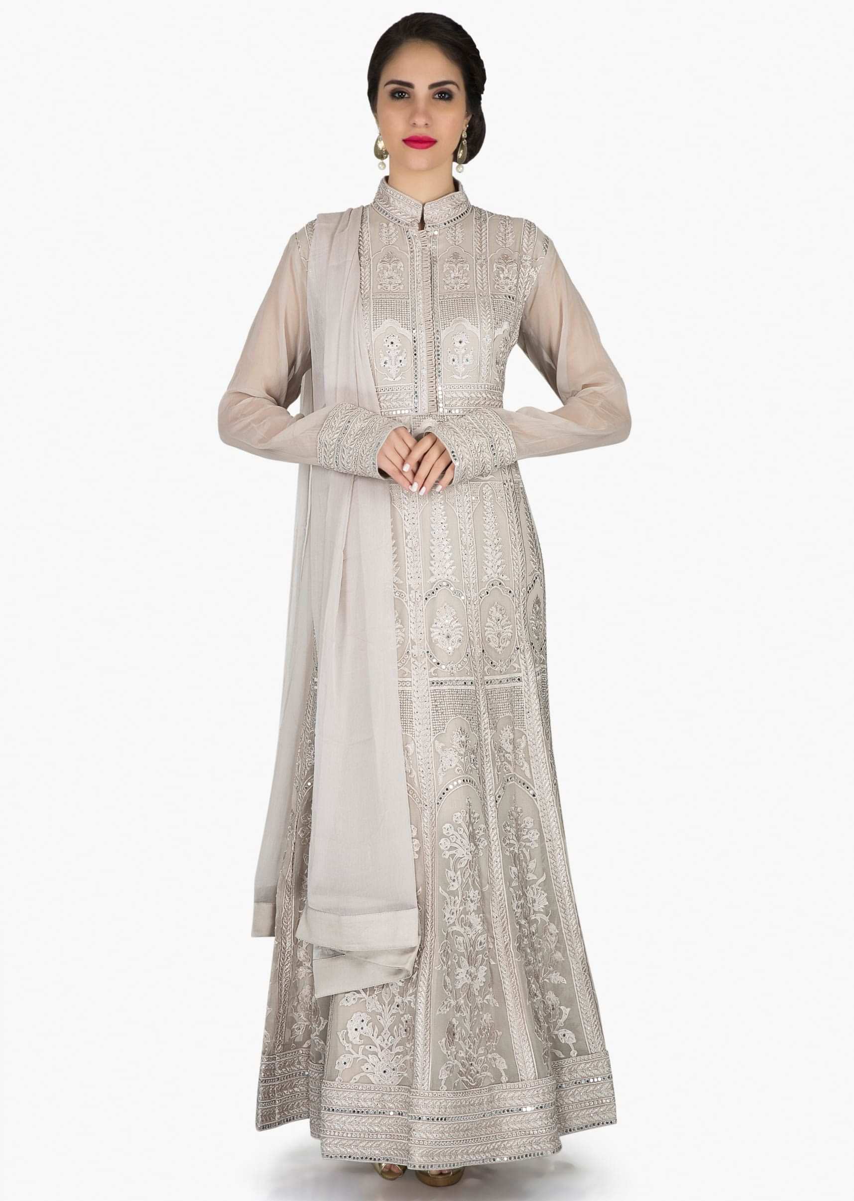 Grey anarkali suit in georgette adorn in resham and kundan embroidery only on Kalki