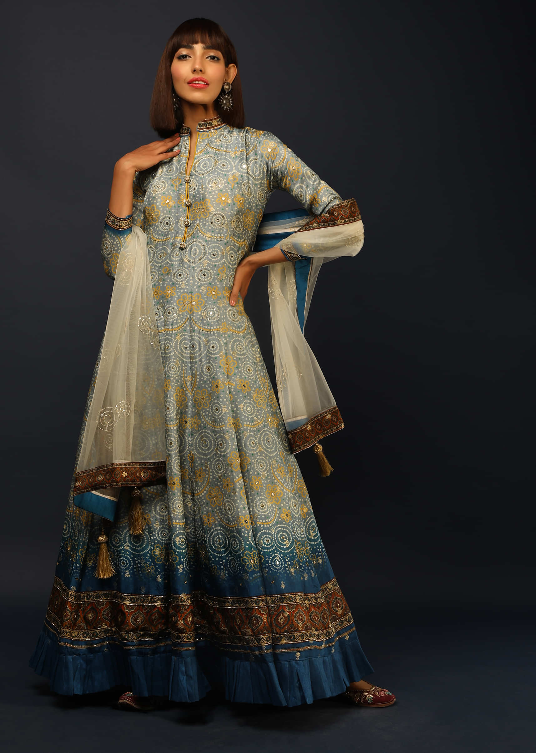 Grey And Blue Anarkali Suit In Brocade Silk With Bandhani Print