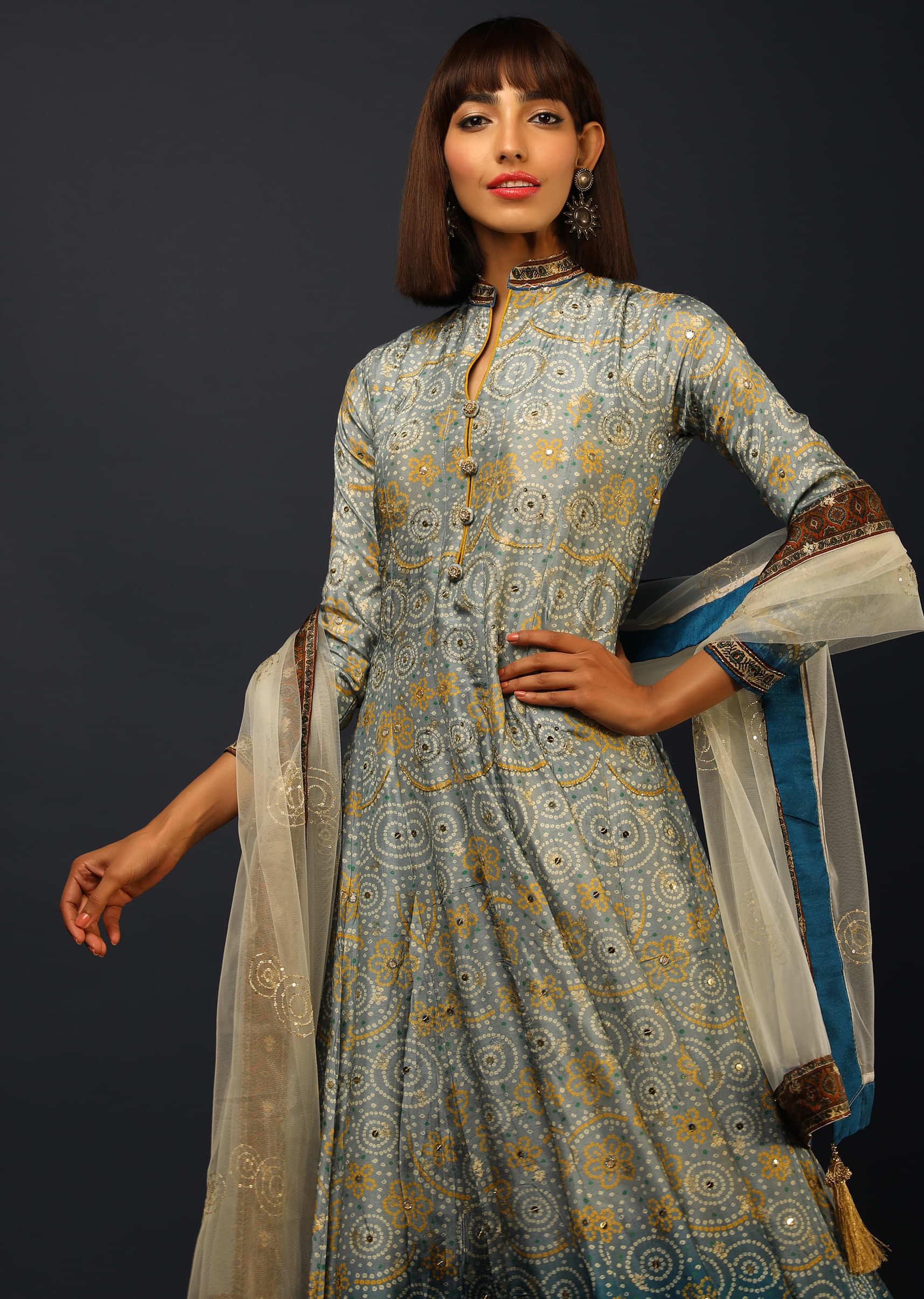 Grey And Blue Anarkali Suit In Brocade Silk With Bandhani Print