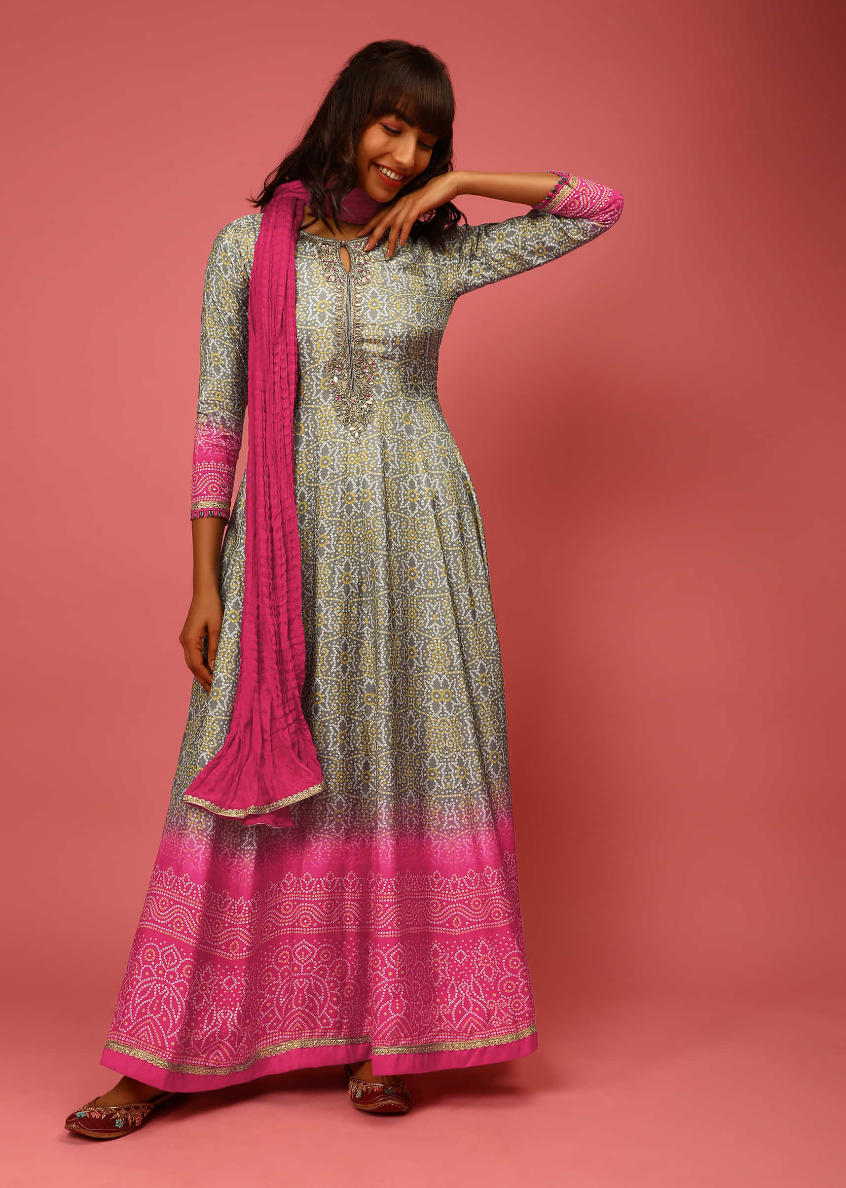 Grey And Magenta Ombre Anarkali Suit In Cotton Silk With Bandhani Design And Gotta Patti Embroidered Placket  