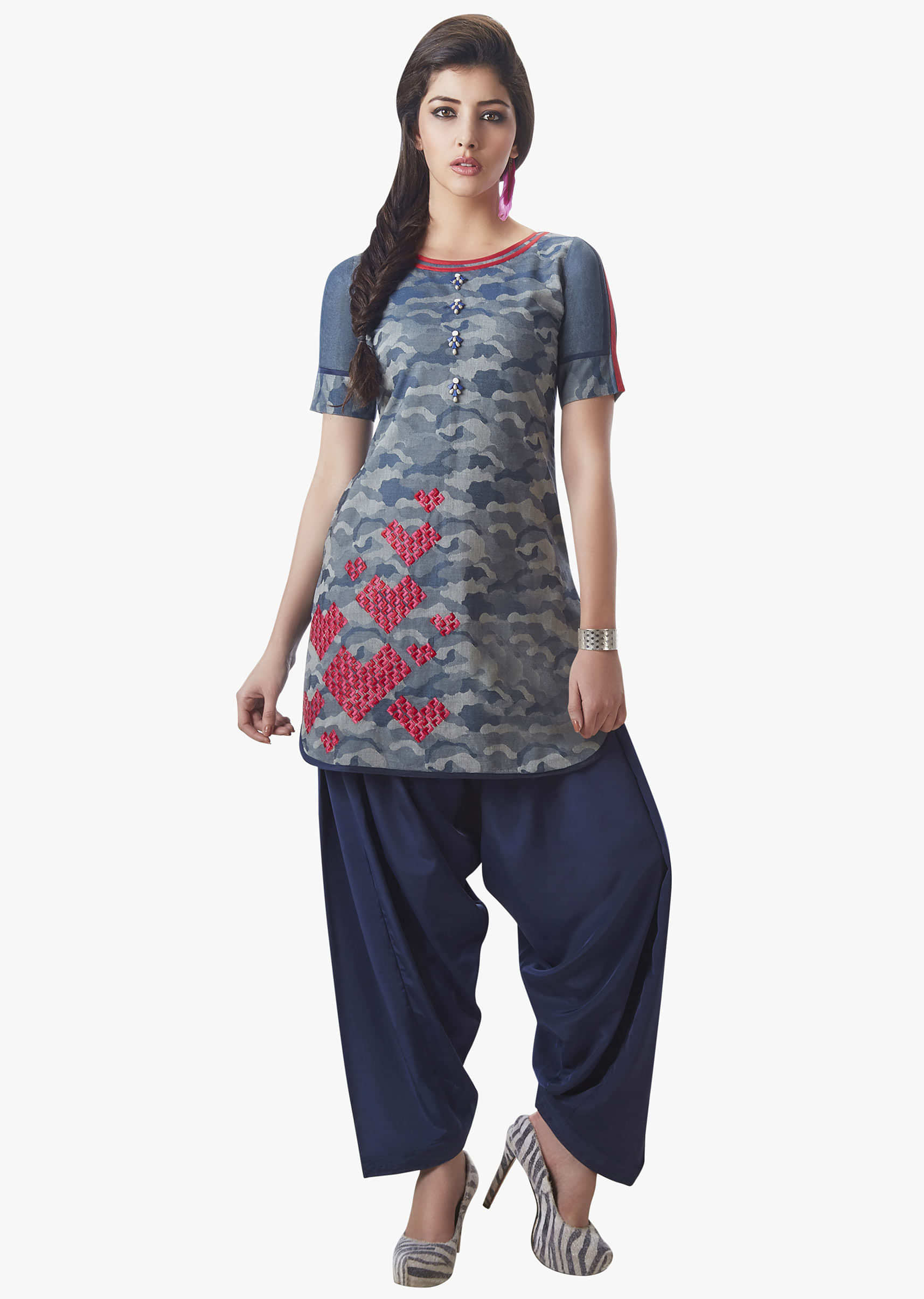 Grey And Navy Blue Salwar Suit Embellished In Resham Embroidery Online - Kalki Fashion