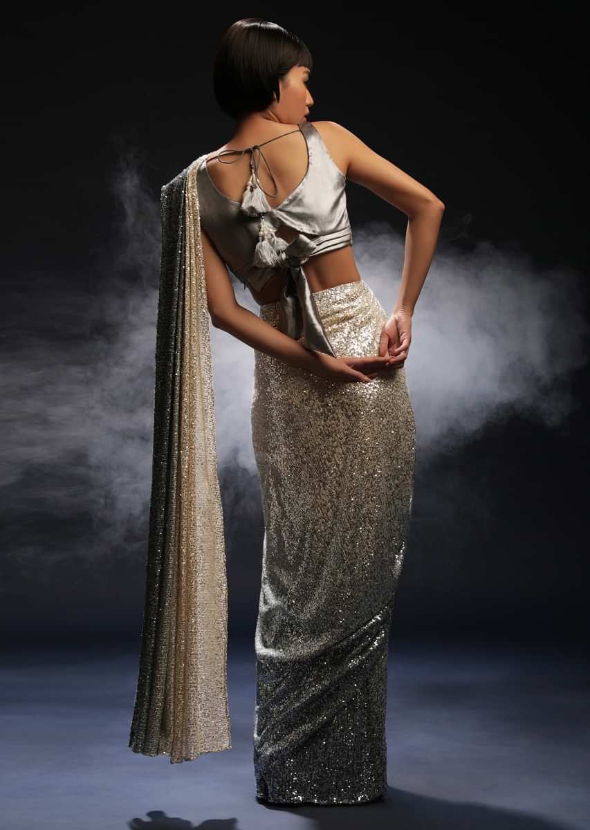 Grey And Silver Ombre Ready Pleated Saree Embellished In Sequins And Grey Velvet Blouse With Front Cut Out