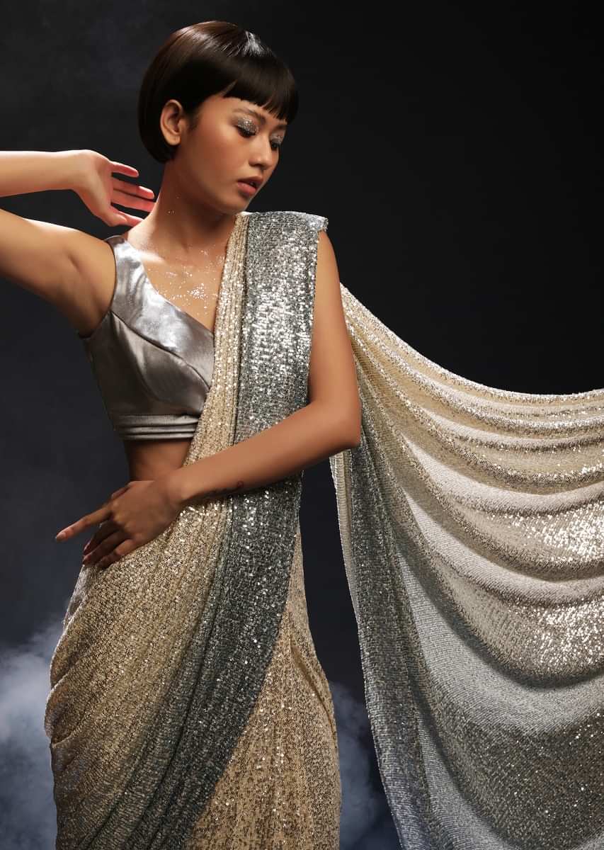 Grey And Silver Ombre Ready Pleated Saree Embellished In Sequins And Grey Velvet Blouse With Front Cut Out