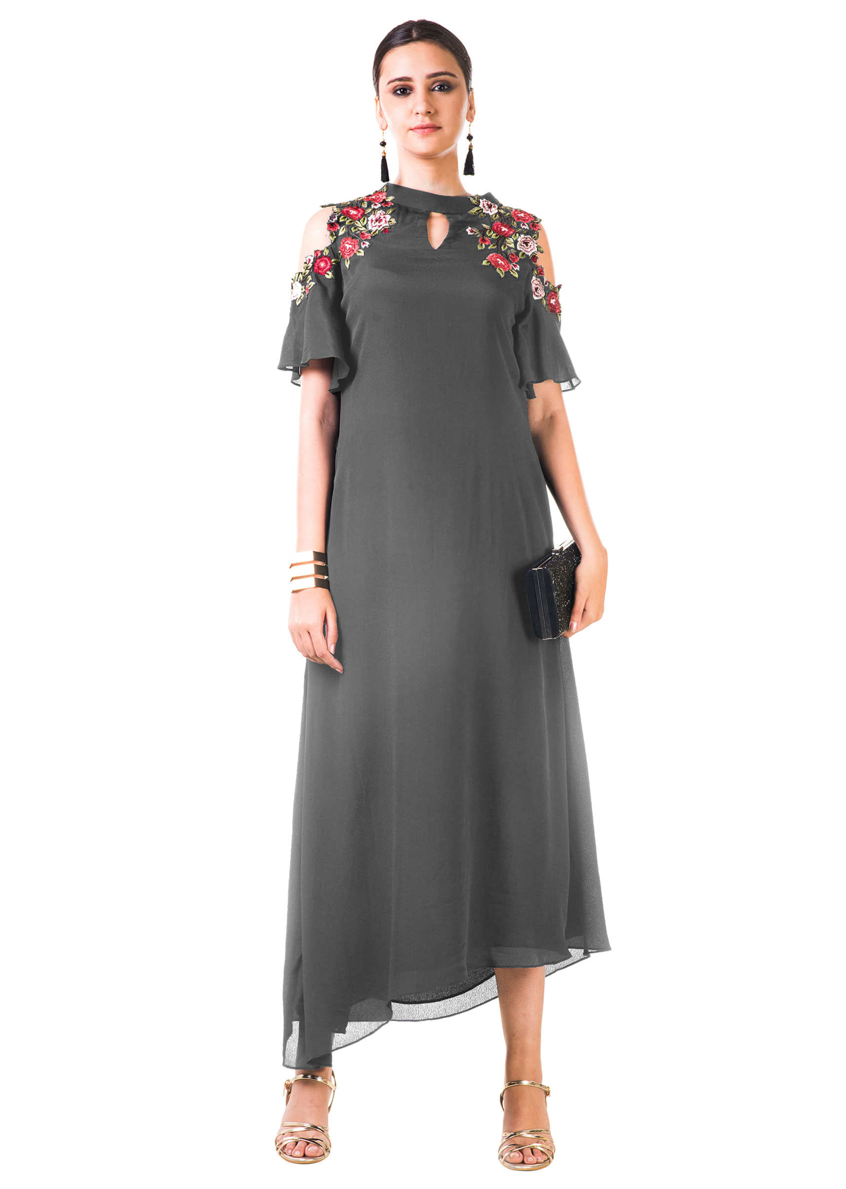 Grey Asymmetrical Dress With Hand Embroidered Cold Shoulder Online - Kalki Fashion