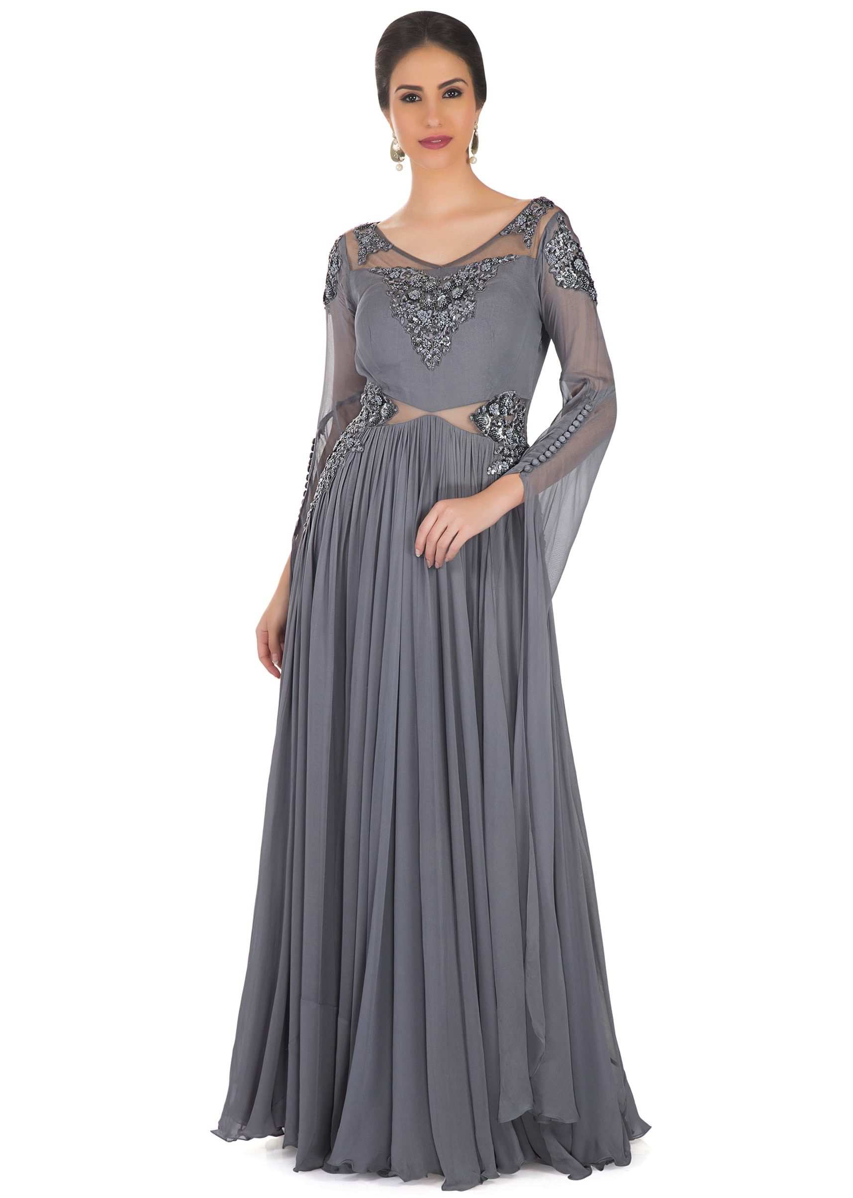 Grey Georgette Gown Styled with French Knot Embroidery and Sequins only on Kalki