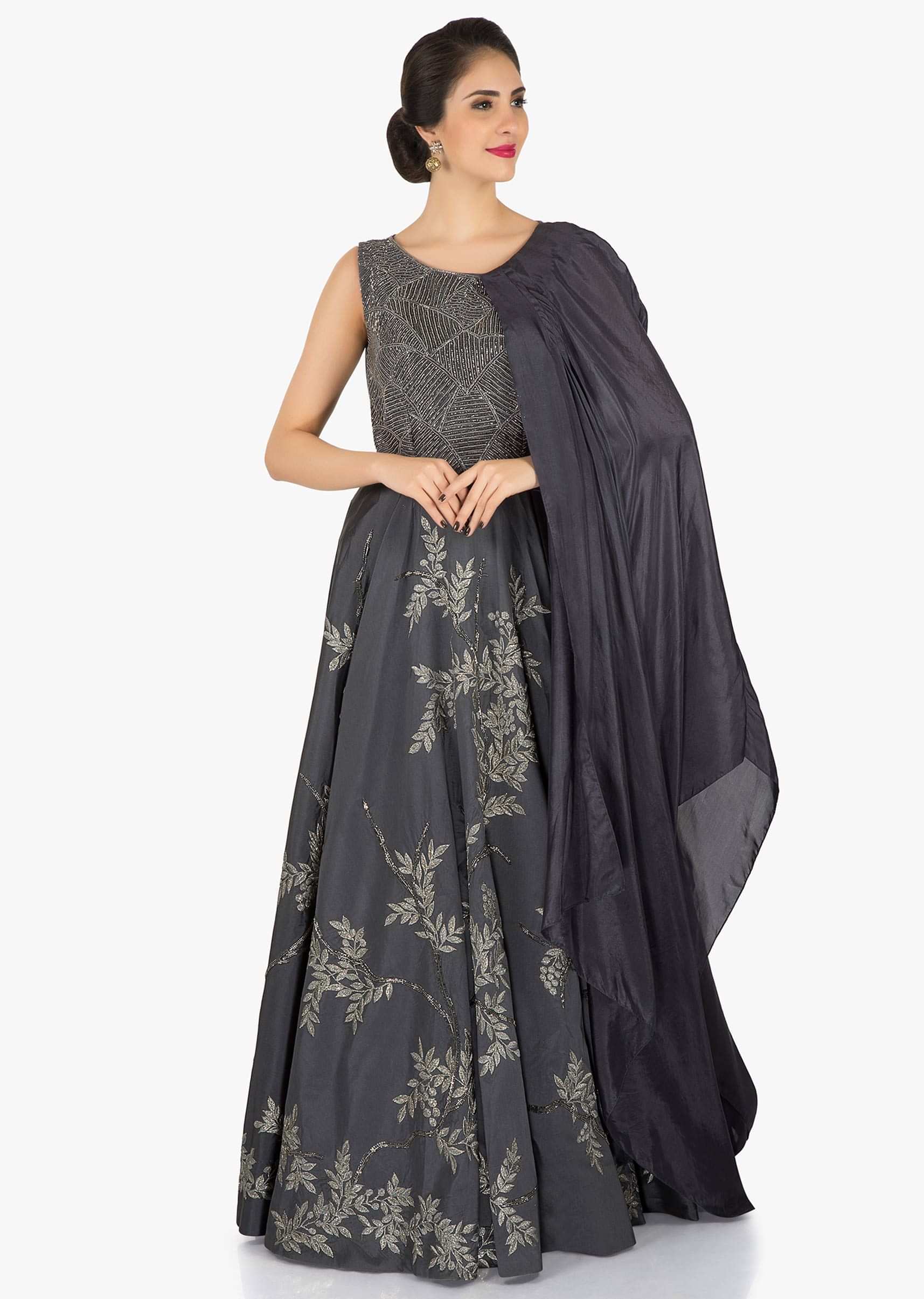 Grey gown embellished in heavy cut dana and resham work only on Kalki