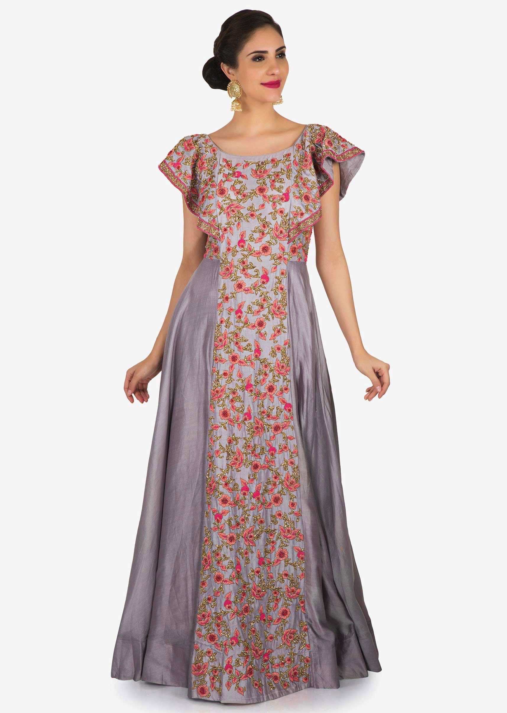Grey Gown In Cotton Encrusted In Frenchknots And Resham Embroidery Work Online - Kalki Fashion