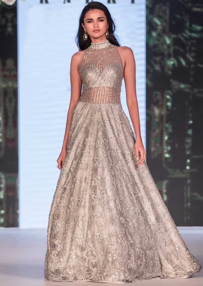 Grey Gown In Embroidered Net With Sheer Yoke And Waist Line Online - Kalki Fashion