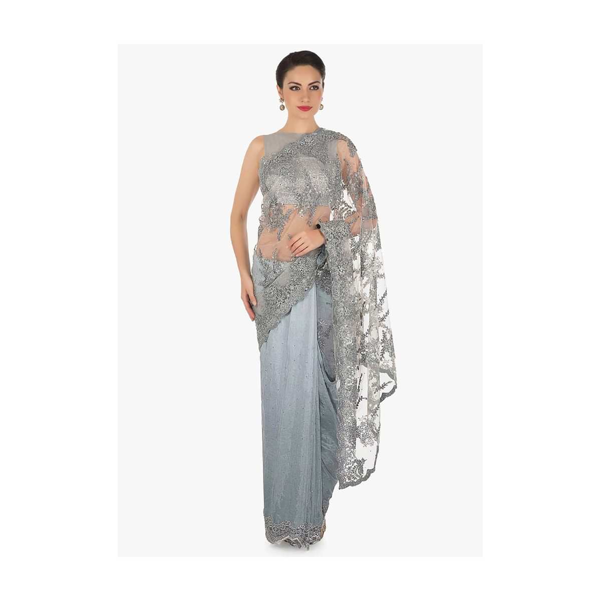 Grey half and half saree in embroidered net and silk with cut dana border only on Kalki