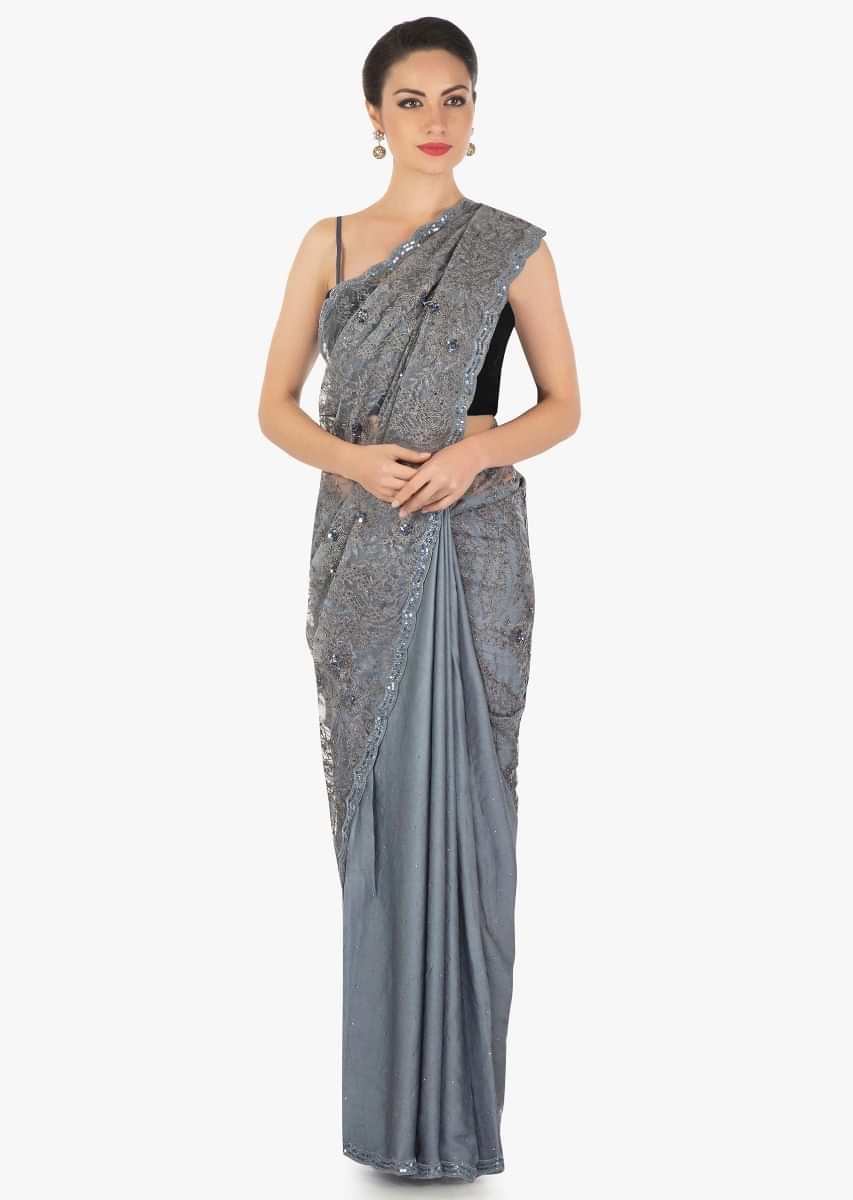 Grey half and half saree in zari and sequin embroidered net
