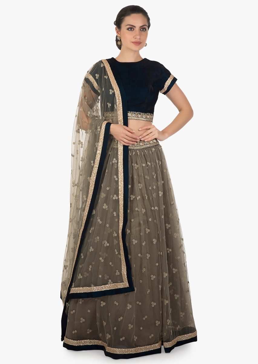 Grey lehenga in net with green ready blouse adorn in sequin only on Kalki